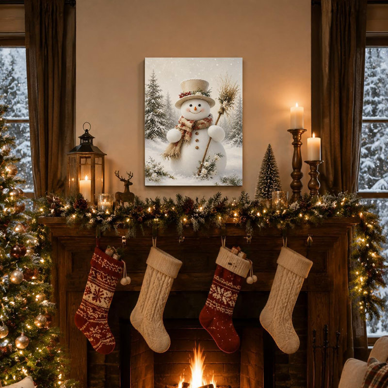 Cute Snowman Wall Art Christmas Winter Canvas Print Framed 8 x 10 Inch Cheerful Snowman with a Top Hat in a Snowy Forest, Winter Holiday Decor for Nursery Kids Room Bedroom Living Room