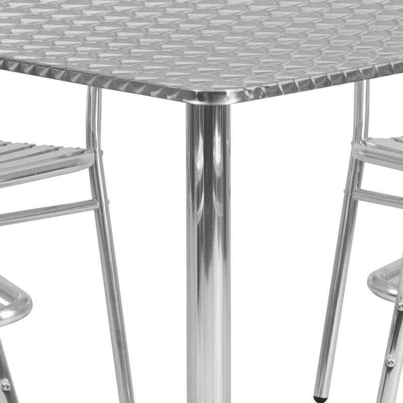 Amadea Square Aluminum Dining Table and 4 Slat Back Chairs Set, 27.5" H x 31.5" W x 31.5" D, Silver