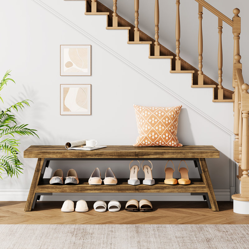 4 Pair Shoe Storage Bench With Lower Shelf, 47'' Front Entry Bench, Brown