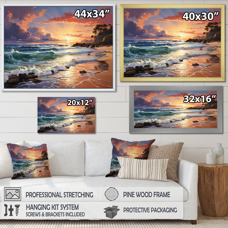 Plage, plage, coucher de soleil, plage, plage, sable, art mural, Cadre simple blanc, H 34 po x l 44 po x P 1,5 po