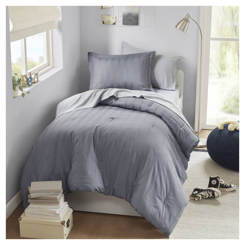 Ensemble d'édredon rayé tissé 5 pièces pour lit simple / simple TG, Gris, Édredon simple + 4 pièces supplémentaires