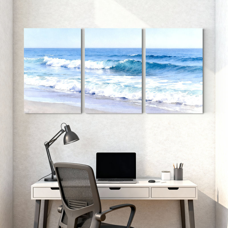 Hiver forêt, océan, vagues, plage, ciel, sable, eau, horizon, bleu, ensemble de 3 impressions sur toile, H 18 po x l 36 po