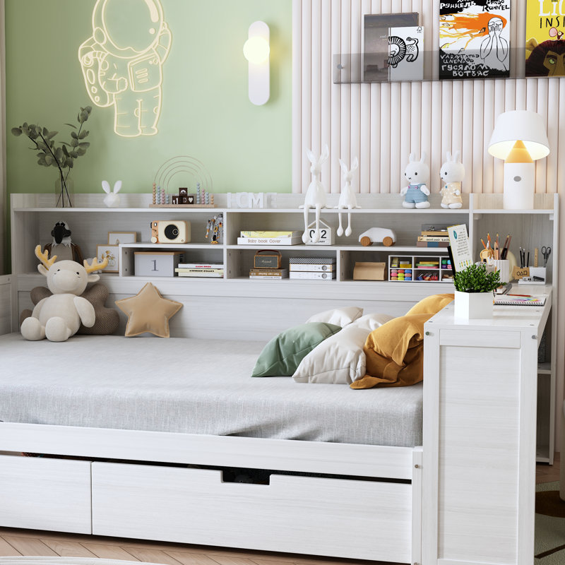 Lit double en bois pleine grandeur avec tablettes de rangement et bureau de bureau