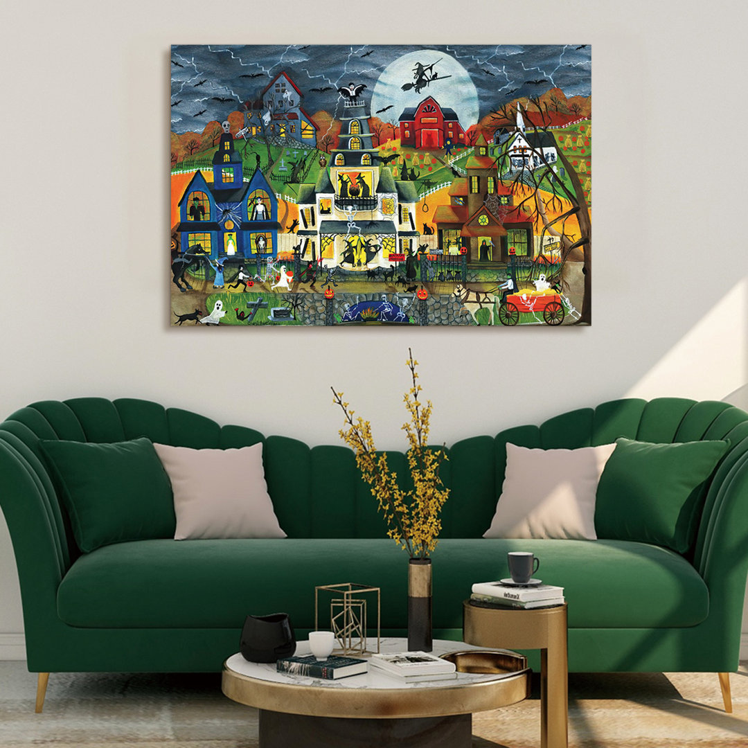 " Framed Canvas Wall Art Decor Painting For Halloween,Haunted Witch Town With Jack-o-lanterns Painting For Halloween Gift, Decoration For Halloween Living Room, Bedroom Decor-Ready To Hang " Painting Print The Holiday Aisle® 