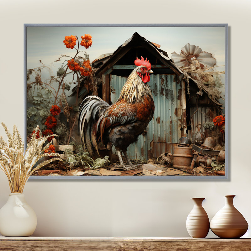 «Binzel Roaster Barnyard Serenade I», art encadré de grange, H 12 po x l 20 po, Encadrement argenté