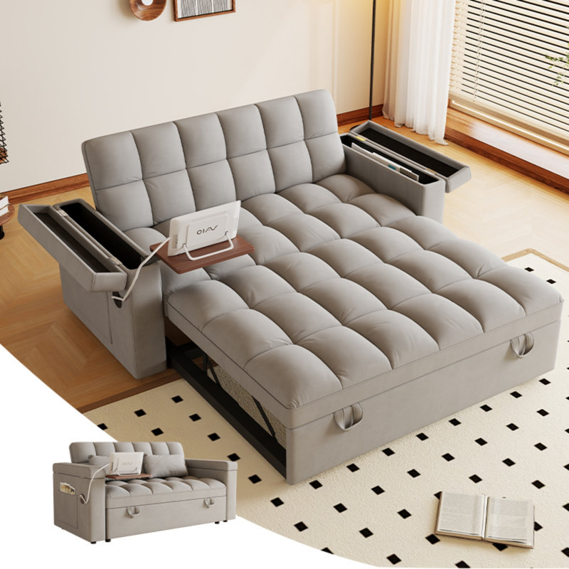 65" Convertible Sofa Bed With Usb & Storage, Light Gray