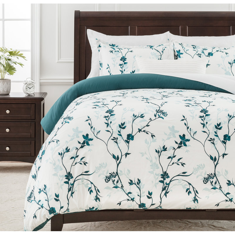 Ensemble de housse réversible pour couette, Housse de couette grand et 2 taies décoratives, Motif floral sarcelle