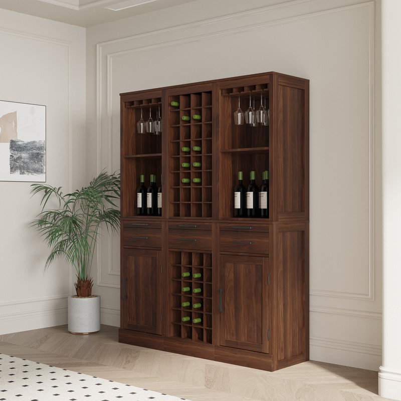Sebastin 70" Large Wine Bar Cabinet Set,Modern Buffet Sideboard with Storage Shelves, Kithchen Bar with Drawers, Walnut