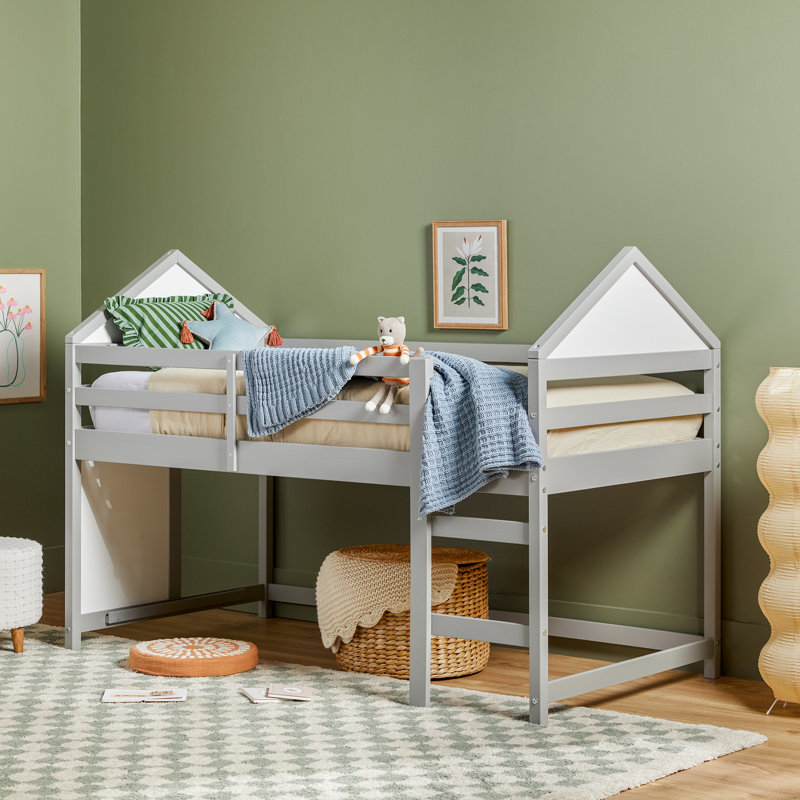 Lit mezzanine bas contemporain en bois massif, Gris