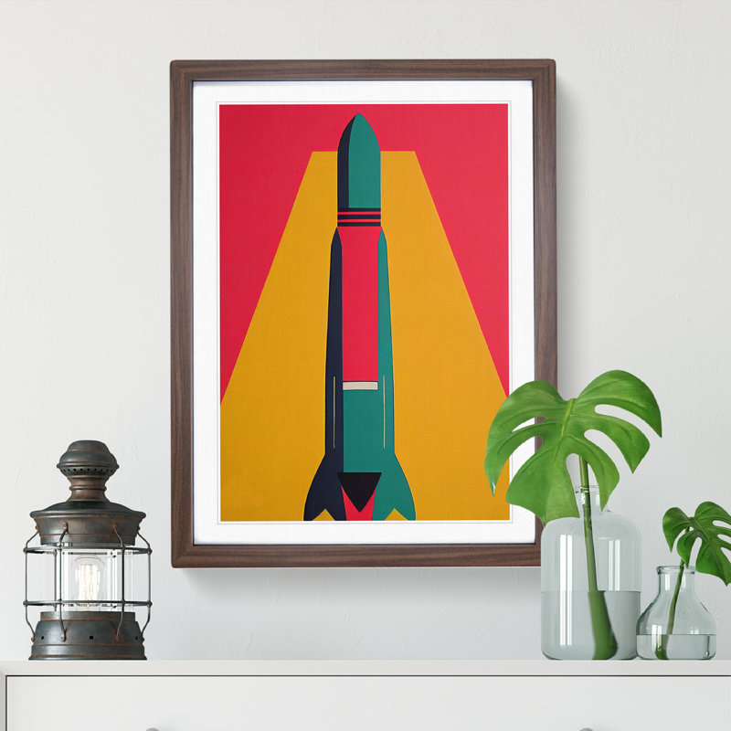 Artistic Spaceship Rocket No.5 - Wall Art, 46cm H x 34cm W, Walnut Framed