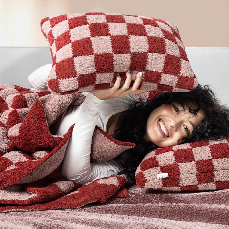 Checkerboard Lumbar Pillow Cover & Insert, 12" H x 18" W x 1.2" D, Pomegranate/Rose Checkered