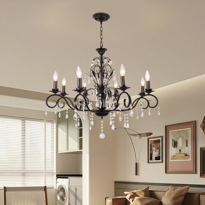 8-light Black Vintage Crystal Chandelier, Iron Pendant Ceiling Light For Dining Room & Living Room