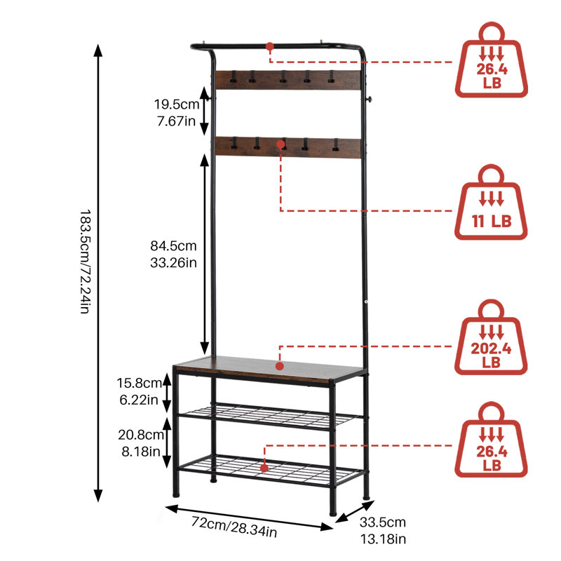 4-In-1 Entryway Hall Tree With 10 Hooks, 28.3'' Wide Coat Rack With Bench and Shoe Storage, Brown