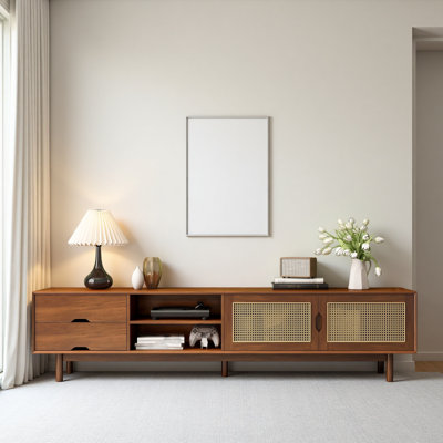 78 Inch TV Stand For Tvs Up To 85 Inch, Media Console With 2 Drawers, Solid Wood Legs, Rattan Front Panels, For Living Room, Modern Entertainment Center