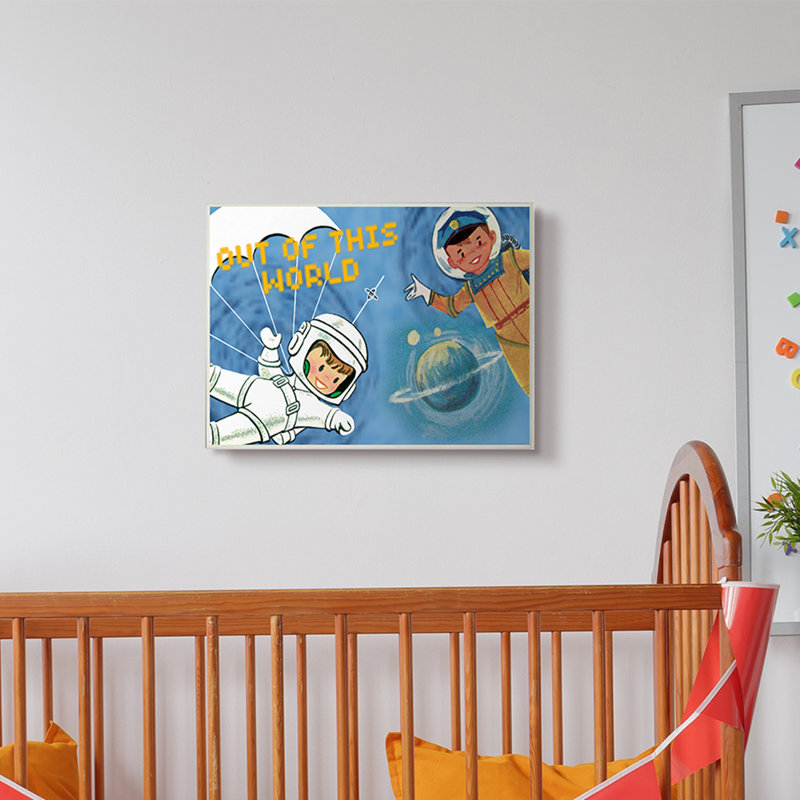 Dessin de Rawles «Out of this Word Space Astronaut», H 13 po x l 19 po x P 0,5 po, Plaque de bois