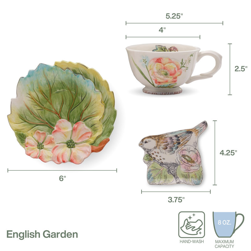 Ensemble de 6 tasses à thé et soucoupes, service pour 2 Fitz And Floyd English Garden