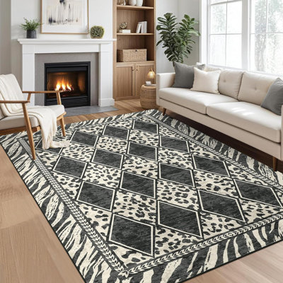 Tapis de couloir à carreaux 9 pi x 12 pi à motif léopard noir, doux et antidérapant pour cuisine, chambre à coucher et entrée
