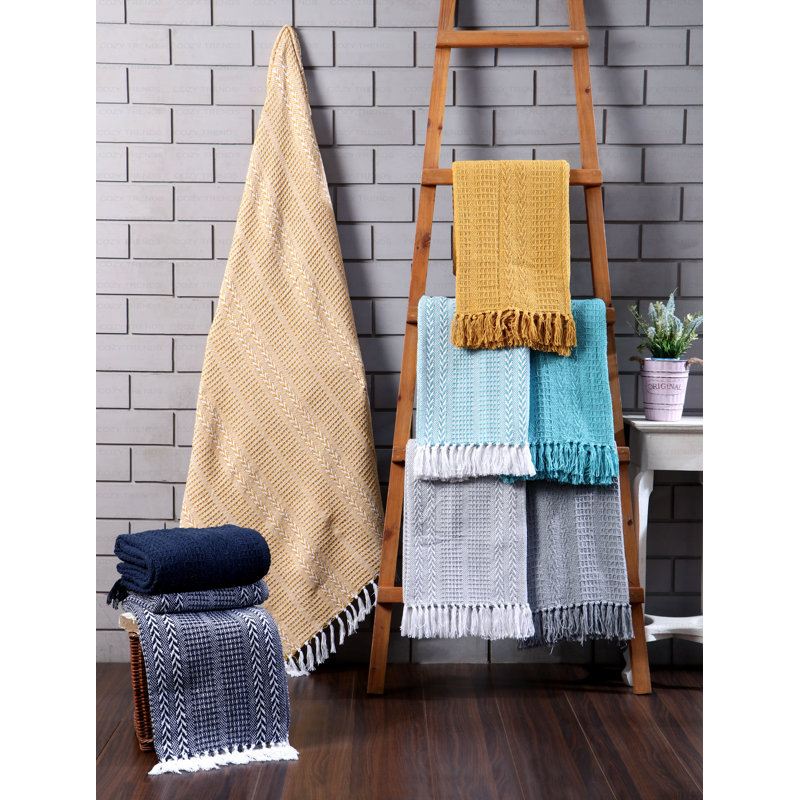 Navy and White Chevron Cotton Throw Blanket Set