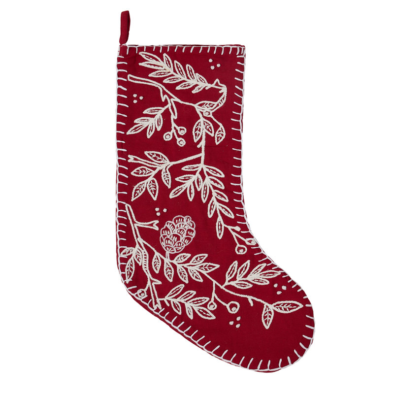 Red Folk Branch Embroidered Holiday Stocking