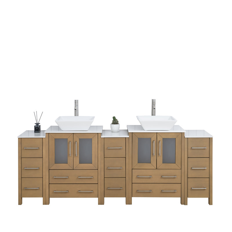  84" Double Bathroom Vanity Set with Mirror, Natural Oak