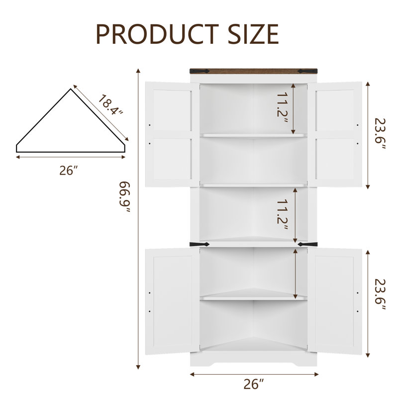 Grande armoire de rangement d'angle avec portes en verre - Huche de ferme autoportante, tablettes réglables, Blanc