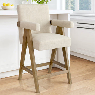Bilon 25.5'' Linen Upholstered Wood Counter Stool with Arms