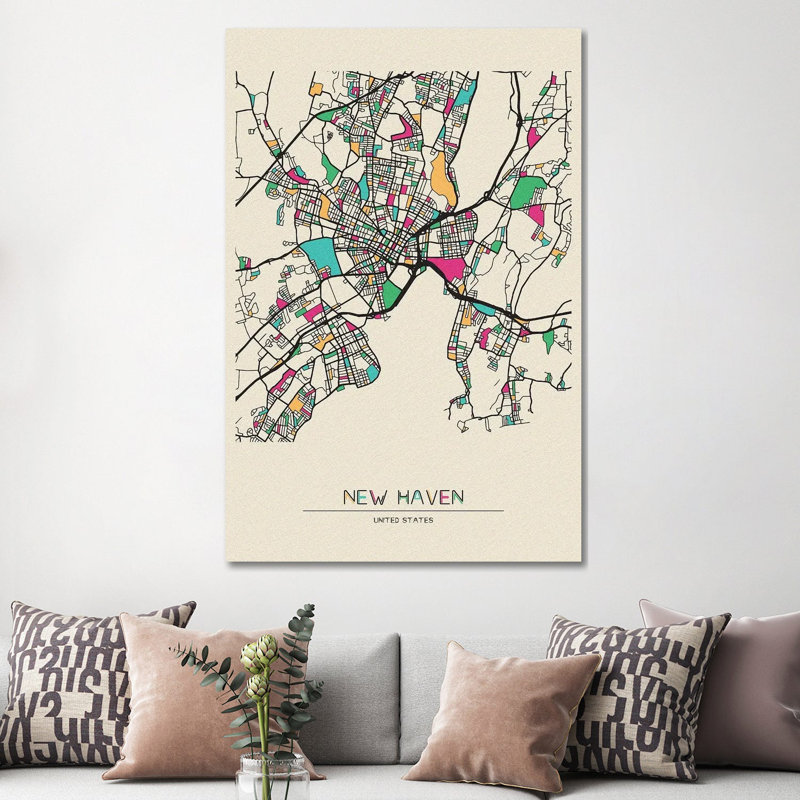 New Haven, Connecticut Map par Ayse Deniz Akerman - Toile tendue avec châssis sur toile, H 12 po x l 8 po x P 0,75 po
