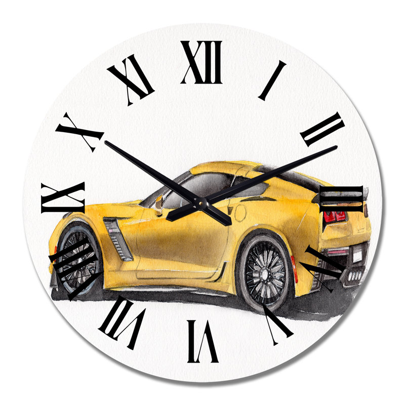Horloge murale jaune avec voiture de sport jaune et son ombre I, Moyen