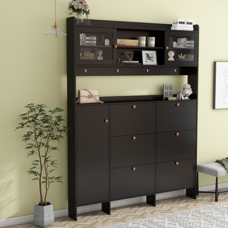 Armoire à chaussures multifonctionnelle avec tablette de rangement et 6 tiroirs rabattables, Noir