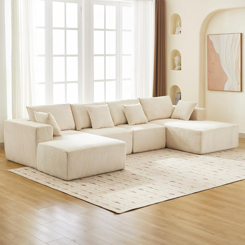 Canapé en U surdimensionné de 137 po en forme de U, canapé modulaire en velours côtelé avec méridienne, aucun assemblage requis et siège profond, canapé en mousse à compression désossée pour le salon, style minimaliste moderne, crème