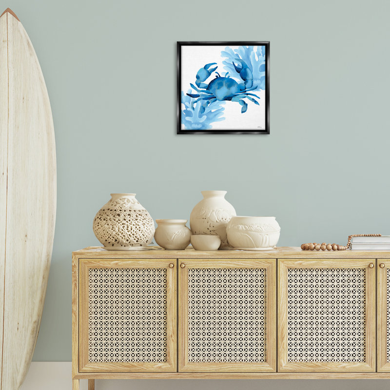 Cadre flottant bleu crabe et corail, design par Cat Thurman Designs, Cadre flottant noir de jais, H 18 po x l 18 po