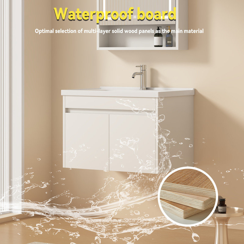 Ensemble de meuble-lavabo de 28 po avec lavabo, petit meuble-lavabo mural avec porte flottante moderne, drain escamotable, siphon inclus (sans robinet)