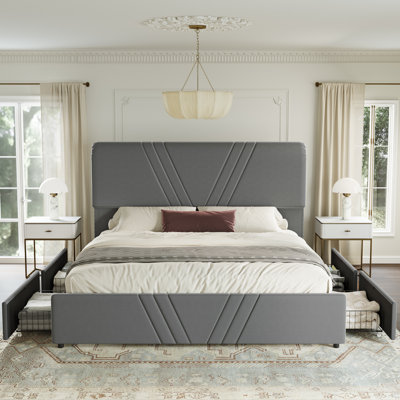 Upholstered King Bed Frame with 4 Storage Drawers and 51" Tall Velvet Headboard,No Box Spring Needed,Easy Assembly