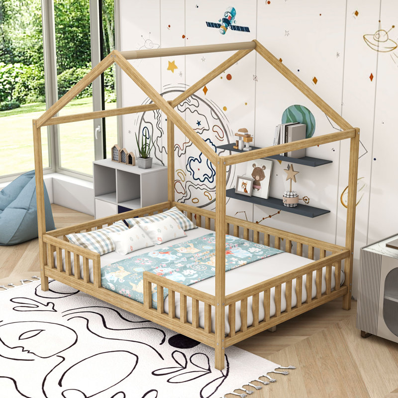 Lit de plancher en forme de maison avec lattes, Naturel, Double