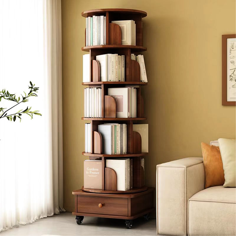 Bibliothèque de coin en bois à 6 niveaux avec roulettes 360 °, système de rangement brun noyer pour espace de vie principal