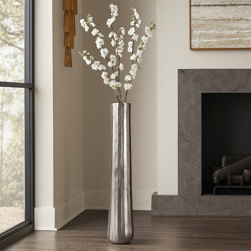 Sagebrook Home 58" Rounded Etched Metal Floor Vase, Silver, 48"
