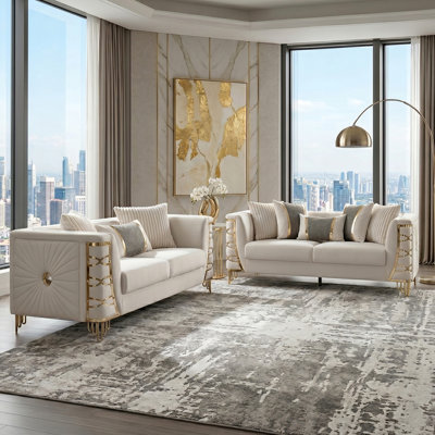 Ensemble de salon Contessa de style moderne 2 pièces (canapé, causeuse et coussins inclus) avec détails dorés et couleur beige