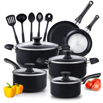 Cook N Home Basics Non-Stick Cooking Set includes Saucepans with Lids, Casserole with Lid, Frying Pans, Not Induction Compatible, 15-Piece, Black