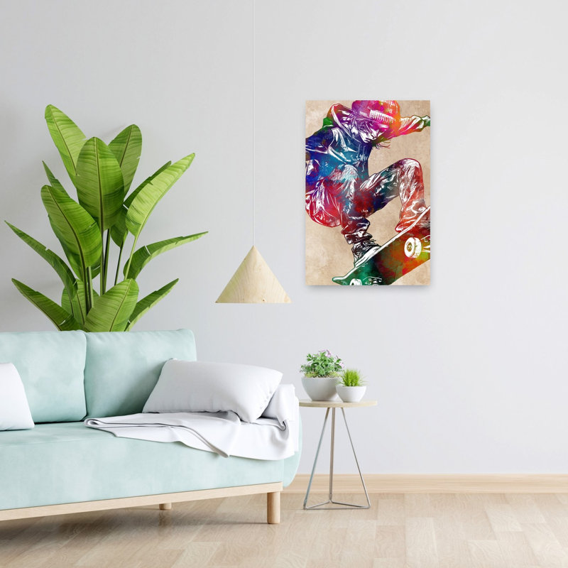 «Vibrant Skateboard Action», art mural contemporain, H 24 po x l 16 po