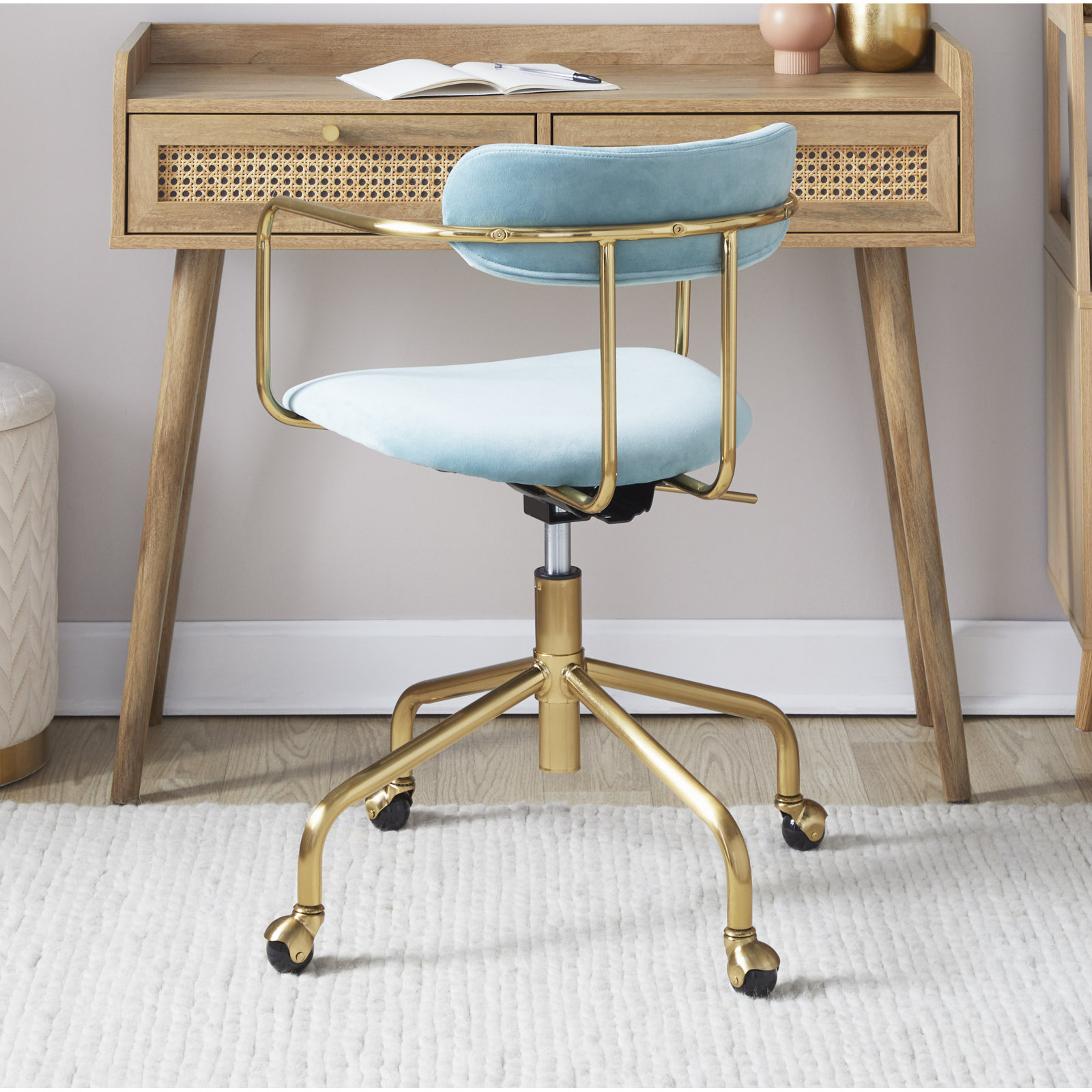 Erma Adjustable Office Chair, Light Blue Velvet, Gold