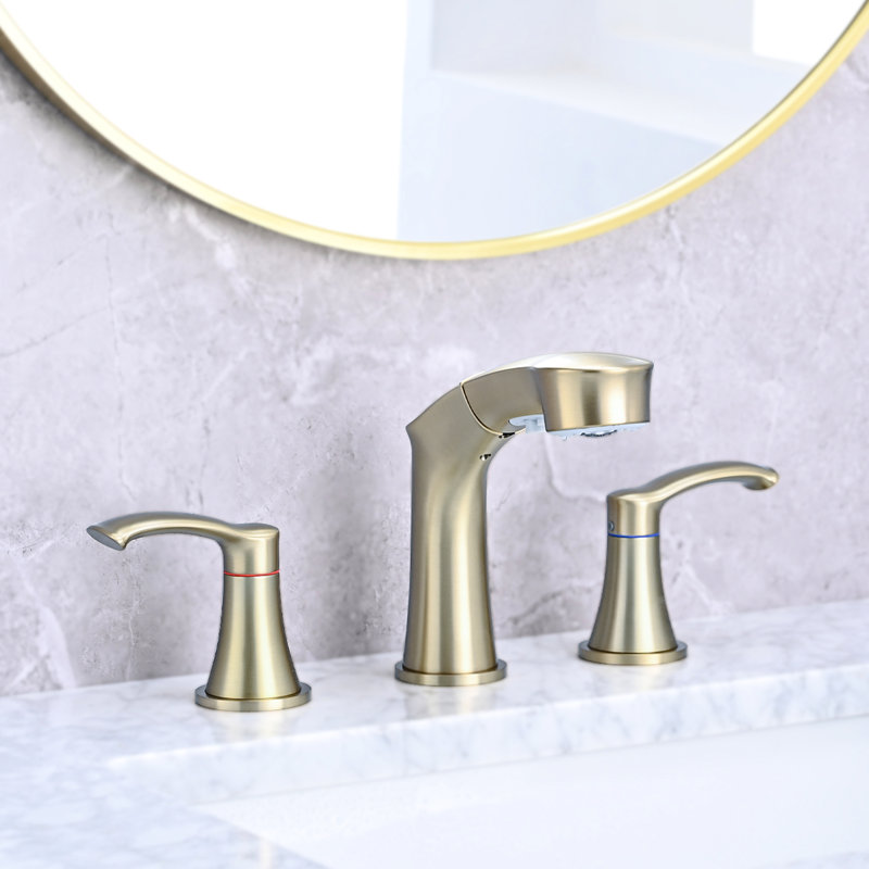 Stainless Steel Deck-Mounted Bathroom Faucet - 2 Handles, Brushed Gold, Pull-Out , Superior Durability Fine Workmanship