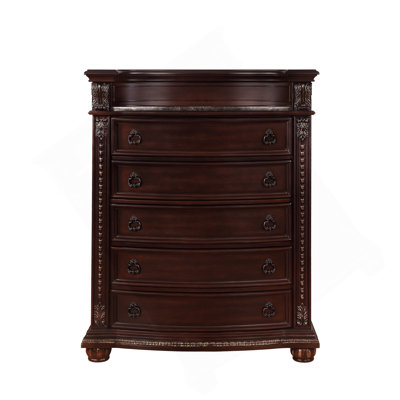 Meuble en bois massif de 1 chambre à coucher avec dessus en marbre à cinq tiroirs avec moulures complexes et silhouette courbée brune