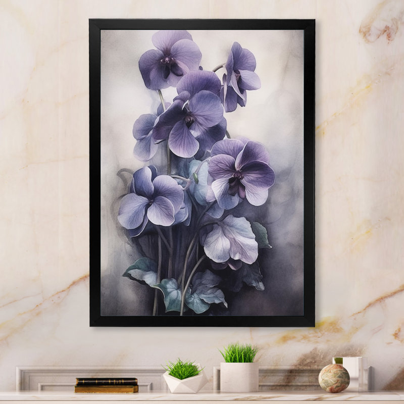 Mauve gris, violettes, rêve II - art mural floral, H 44 po x l 34 po x P 1,5 po, Cadre simple noir