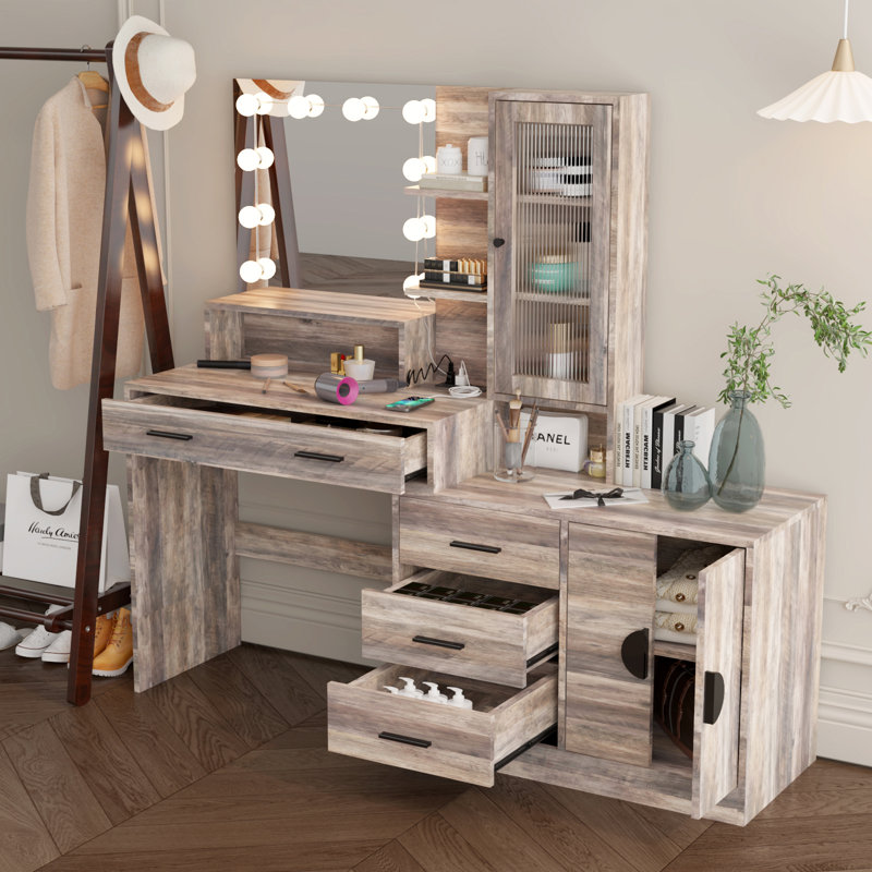 Coiffeuse de maquillage avec lumières, prise USB et prise de courant et armoire à tiroirs, Gris
