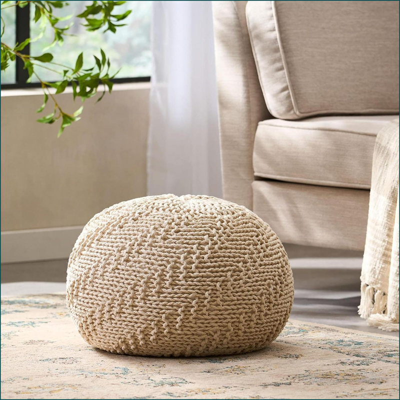 Repose-pieds rond moderne en coton tricoté - l 20 po x P 20 po x H 14 po | Coton | Rond, Coton beige