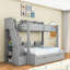 Lit superposé simple au-dessus d'un lit double en bois avec port USB, bande lumineuse, tablettes et lit gigogne-664043951