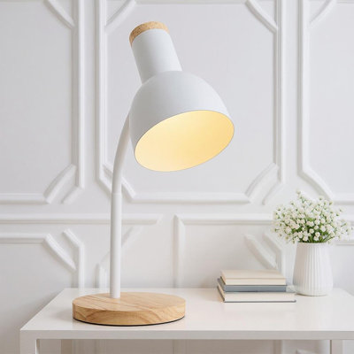 White Table Lamp with Flexible Arm and Wooden Base