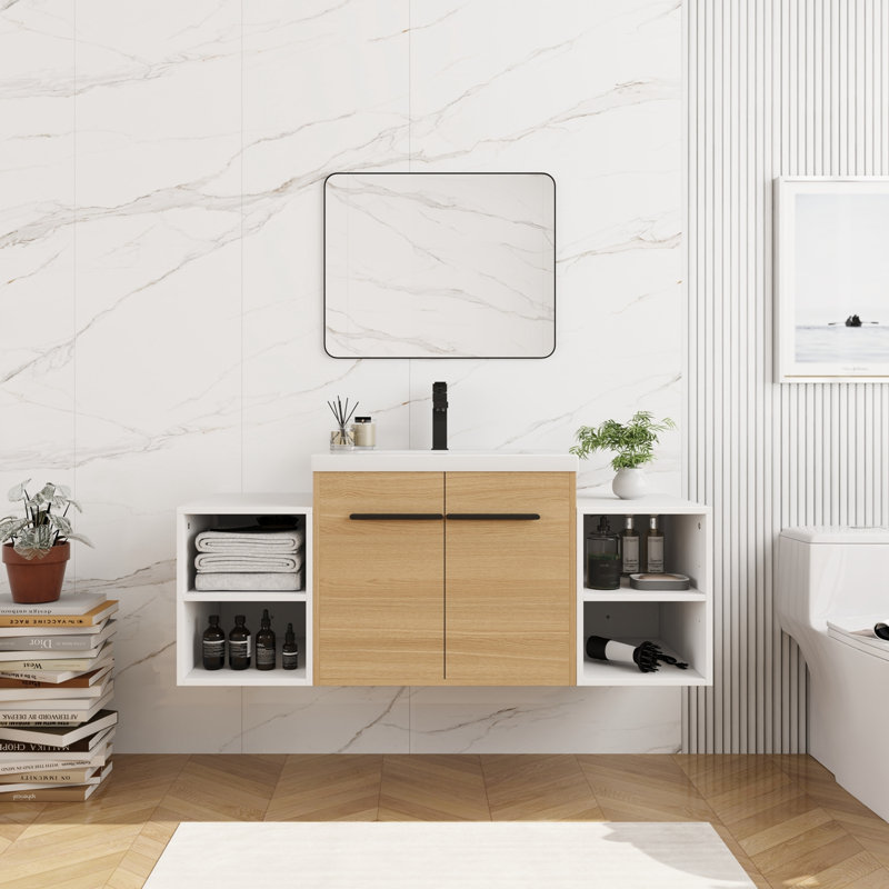 Meuble-lavabo mural avec 2 portes et tablettes de rangement latérales, H 20,5 po x l 47,68 po x P 17,68 po, 2