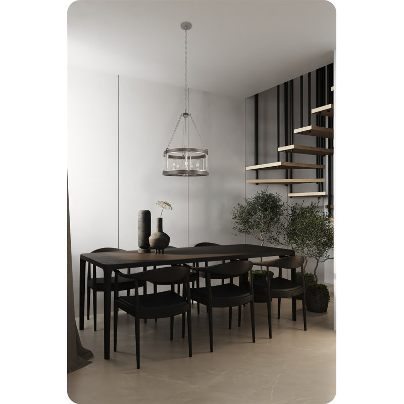 29" 5-Light Modern Farmhouse Drum Pendant Chandelier, Adjustable Height, Walnut Wood Style + Galvanized Steel Finish