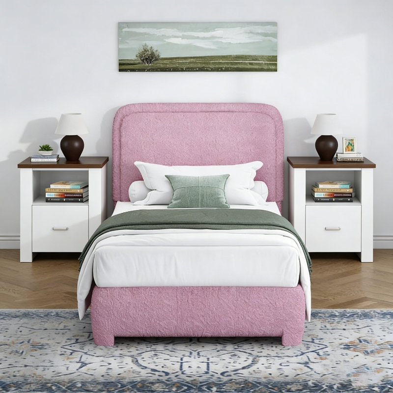 Modern Upholstered Boucle Bed with 2-Tier Farmhouse Nightstands – 2-Piece Bedroom Set, Twin, Pink